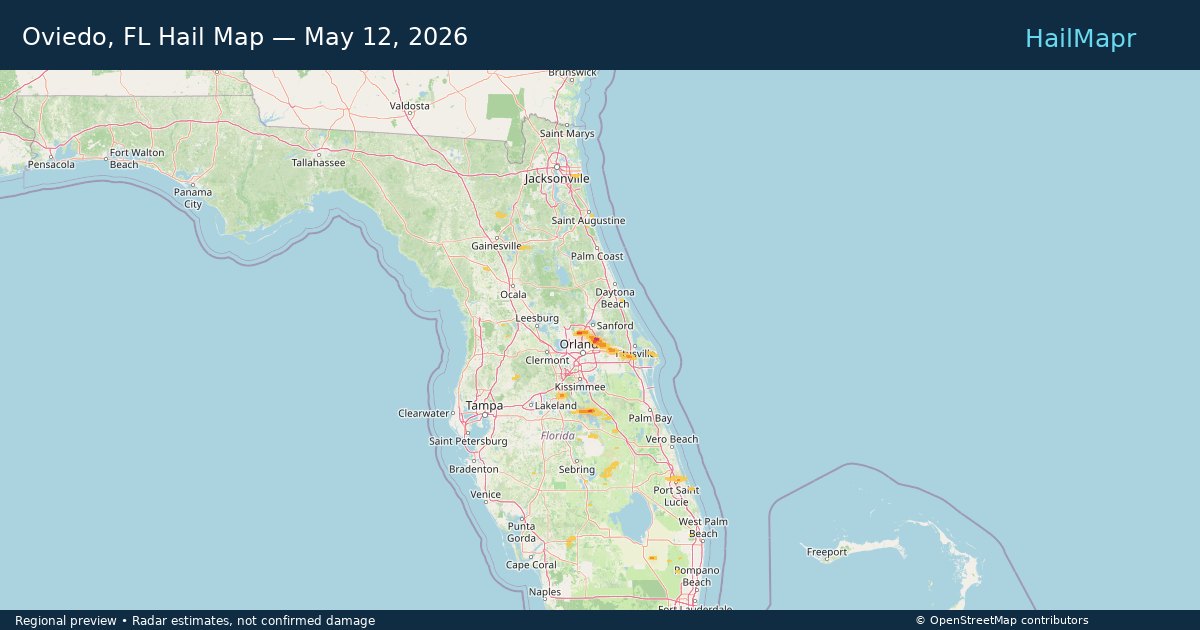Oviedo, FL Hail Map — May 12, 2026 — regional heatmap and storm polygons