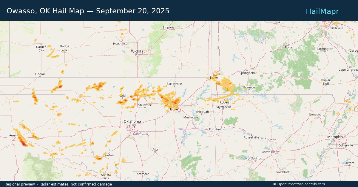 Owasso, OK — September 20, 2025 — regional hail footprint preview