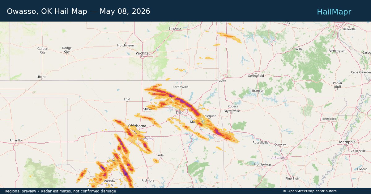 Owasso, OK Hail Map — May 08, 2026 — regional heatmap and storm polygons