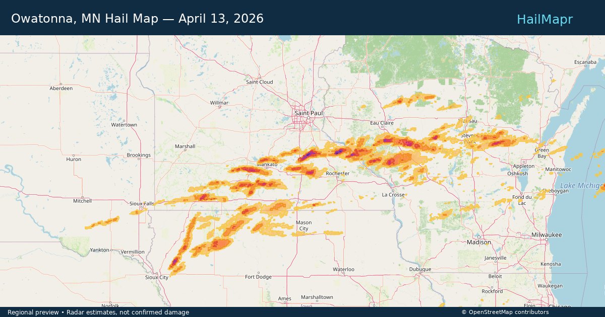 Owatonna, MN Hail Map — April 13, 2026 — regional heatmap and storm polygons