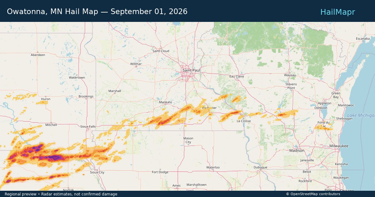 Owatonna, MN Hail Map — September 01, 2026 — regional heatmap and storm polygons