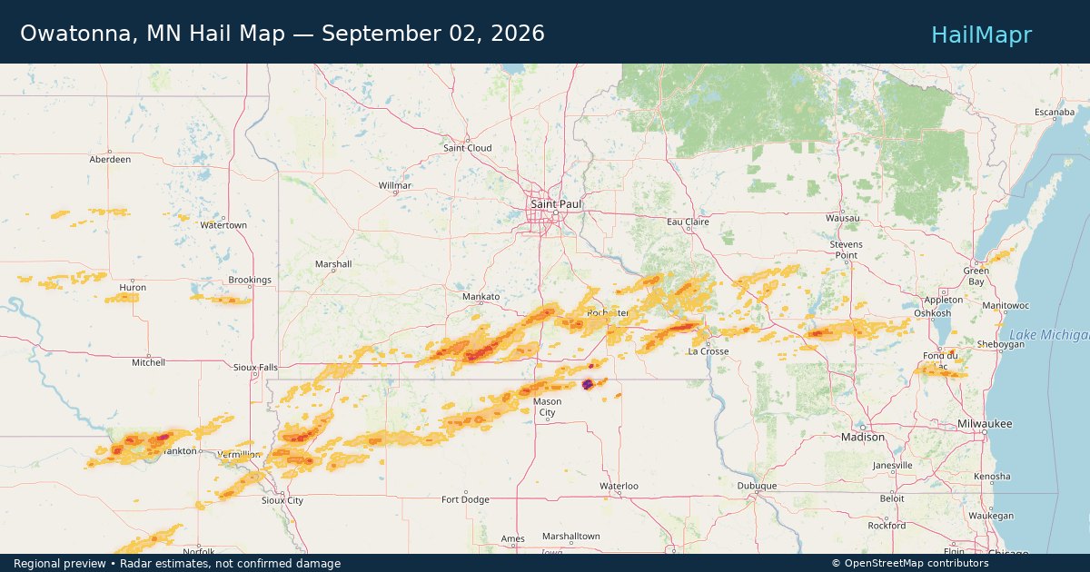Owatonna, MN Hail Map — September 02, 2026 — regional heatmap and storm polygons