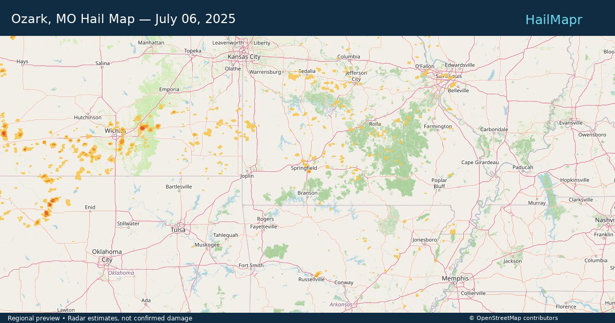 Ozark, MO — July 06, 2025 — regional hail footprint preview