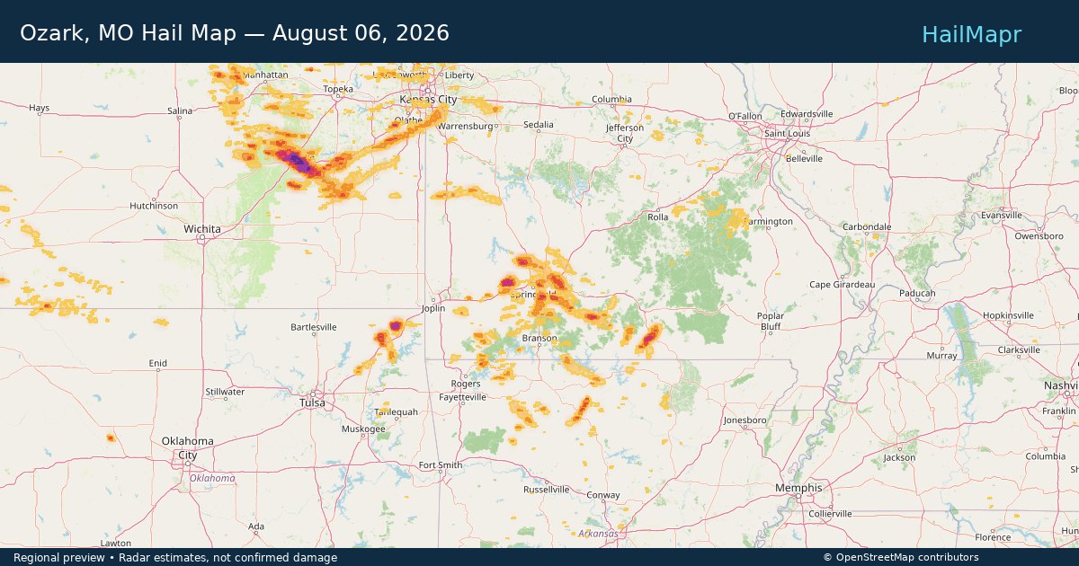 Ozark, MO Hail Map — August 06, 2026 — regional heatmap and storm polygons