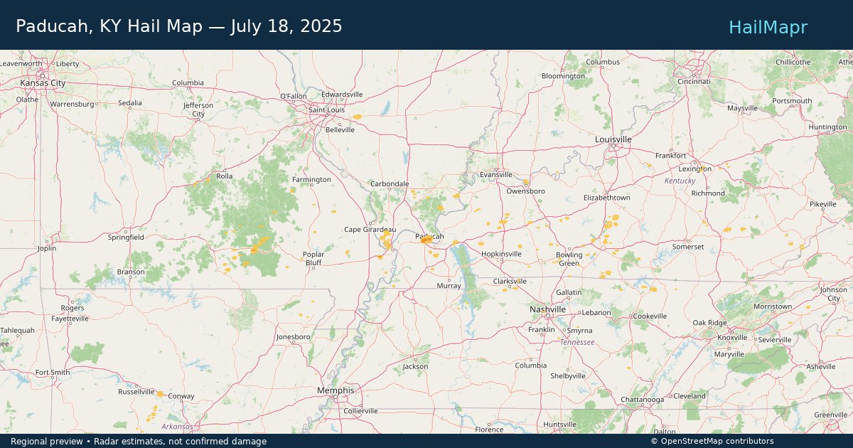 Paducah, KY Hail Map — July 18, 2025 — regional heatmap and storm polygons