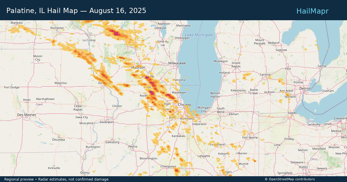 Palatine, IL Hail Map — August 16, 2025 — regional heatmap and storm polygons