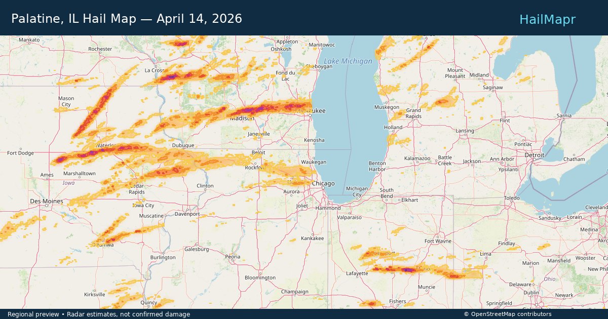 Palatine, IL Hail Map — April 14, 2026 — regional heatmap and storm polygons