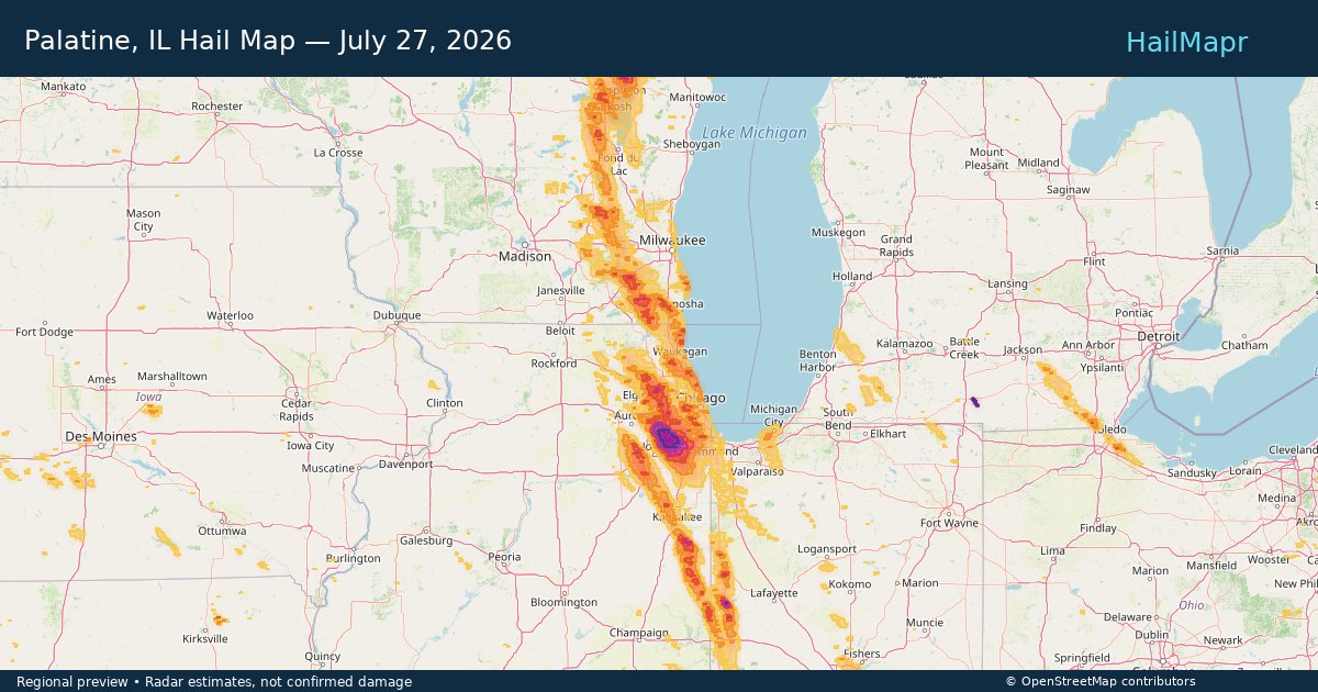 Palatine, IL Hail Map — July 27, 2026 — regional heatmap and storm polygons