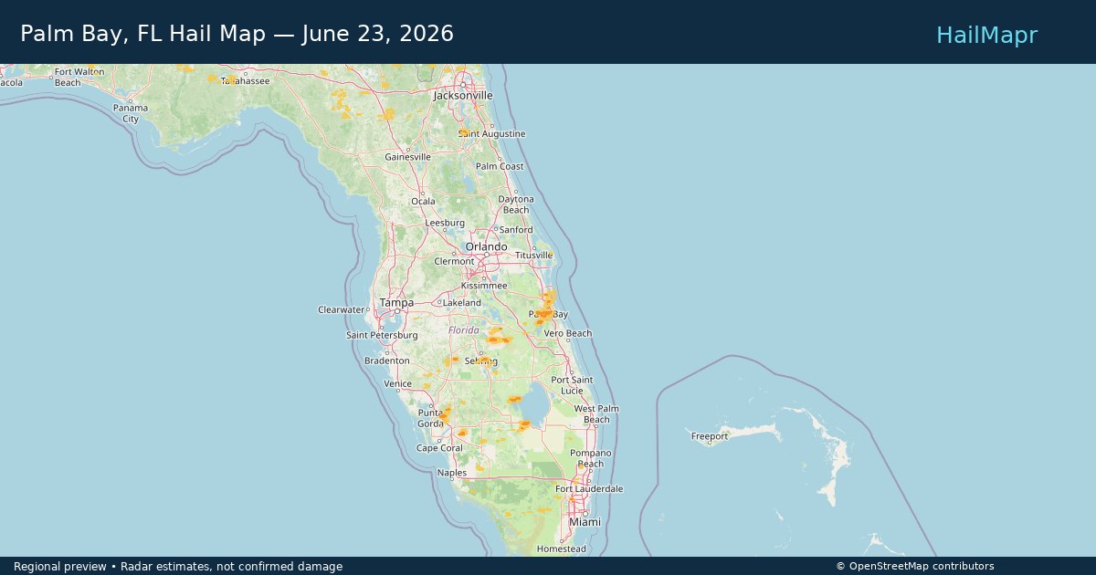 Palm Bay, FL Hail Map — June 23, 2026 — regional heatmap and storm polygons