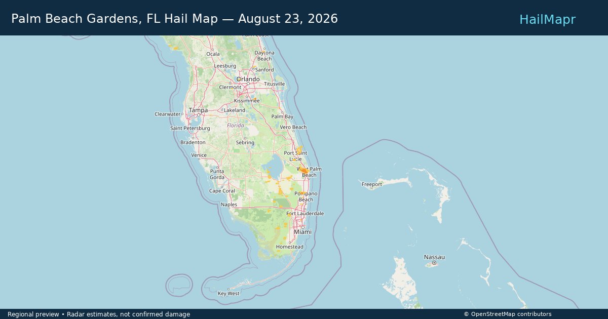 Palm Beach Gardens, FL Hail Map — August 23, 2026 — regional heatmap and storm polygons
