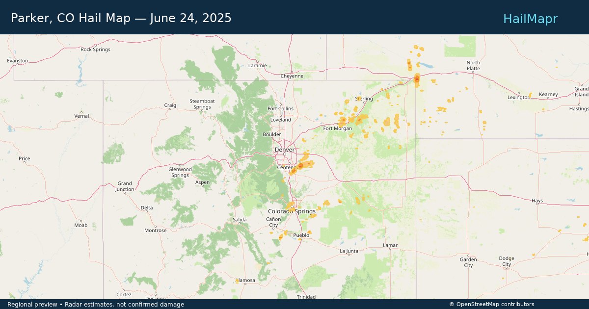Parker, CO Hail Map — June 24, 2025 — regional heatmap and storm polygons