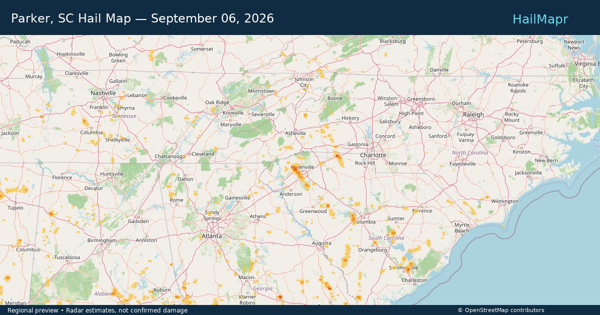 Parker, SC Hail Map — September 06, 2026 — regional heatmap and storm polygons