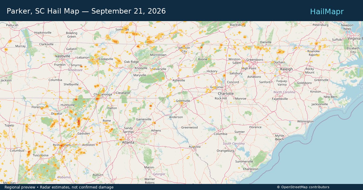 Parker, SC Hail Map — September 21, 2026 — regional heatmap and storm polygons