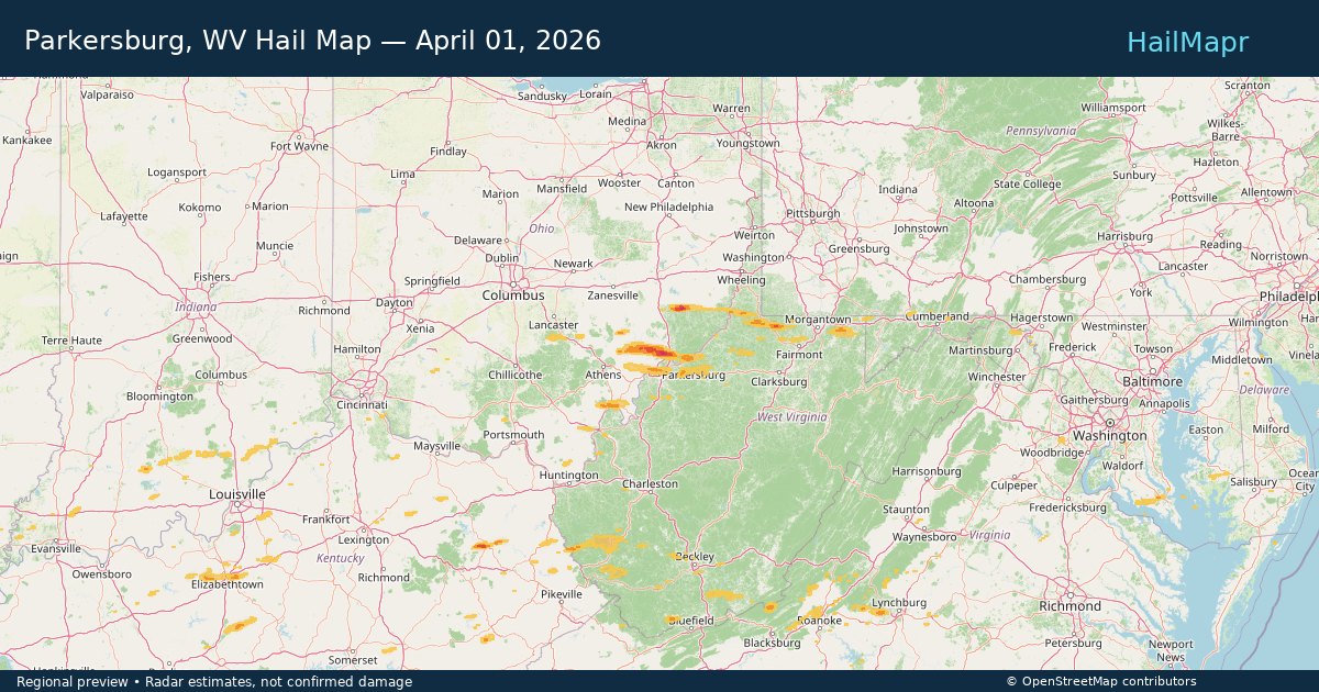 Parkersburg, WV Hail Map — April 01, 2026 — regional heatmap and storm polygons