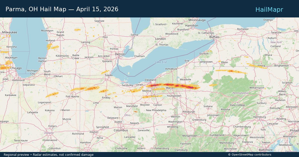 Parma, OH Hail Map — April 15, 2026 — regional heatmap and storm polygons