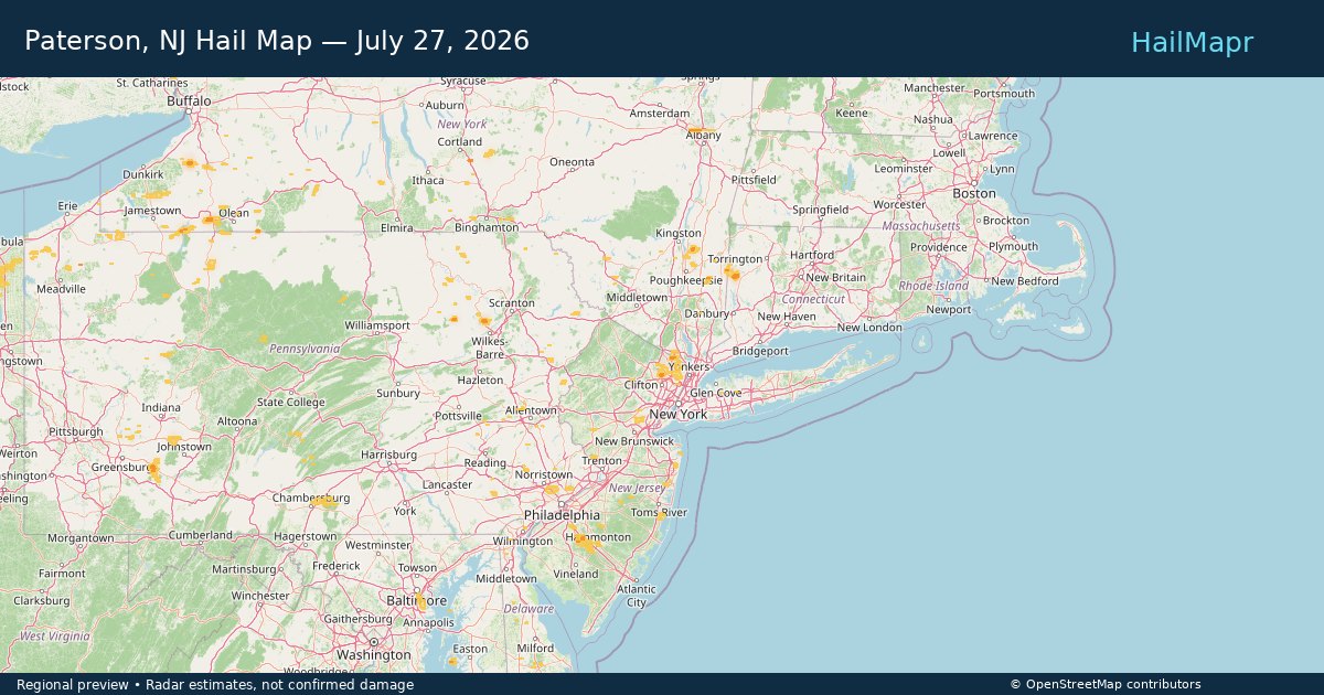 Paterson, NJ Hail Map — July 27, 2026 — regional heatmap and storm polygons