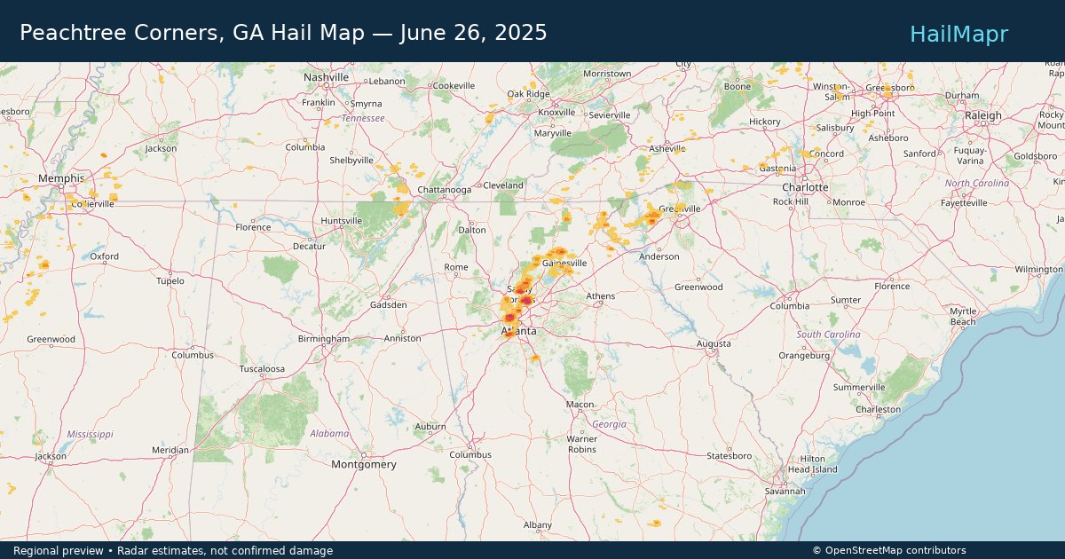 Peachtree Corners, GA — June 26, 2025 — regional hail footprint preview