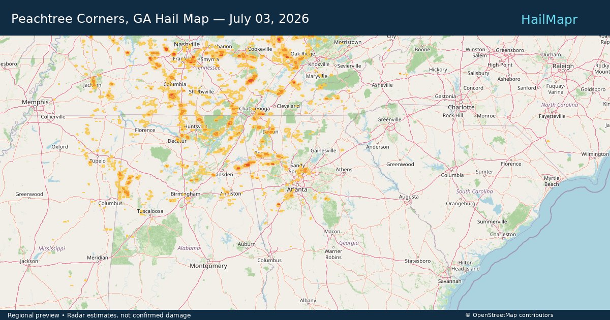 Peachtree Corners, GA Hail Map — July 03, 2026 — regional heatmap and storm polygons