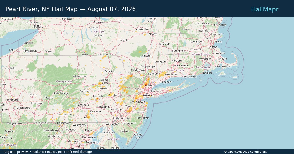 Pearl River, NY Hail Map — August 07, 2026 — regional heatmap and storm polygons