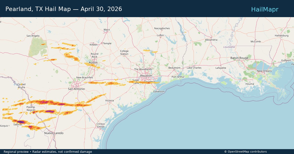 Pearland, TX Hail Map — April 30, 2026 — regional heatmap and storm polygons