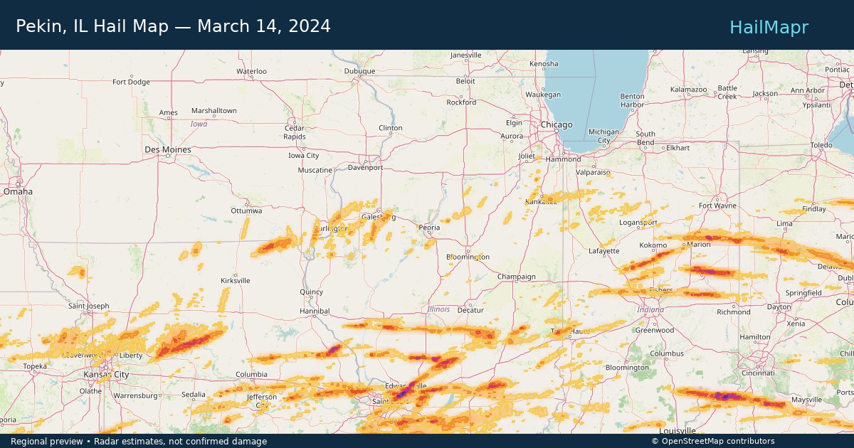 Pekin, IL Hail Map — March 14, 2024 — regional heatmap and storm polygons
