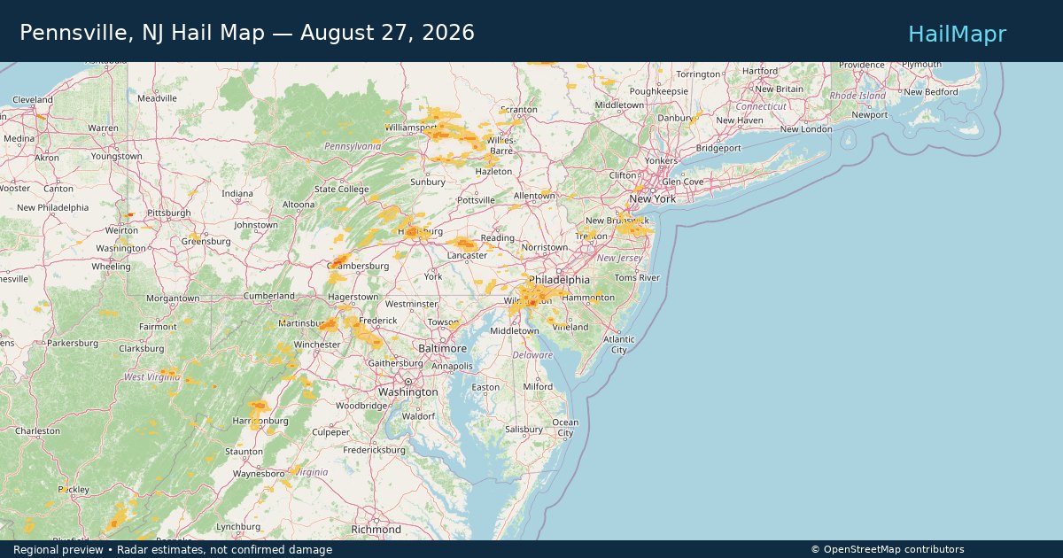 Pennsville, NJ Hail Map — August 27, 2026 — regional heatmap and storm polygons
