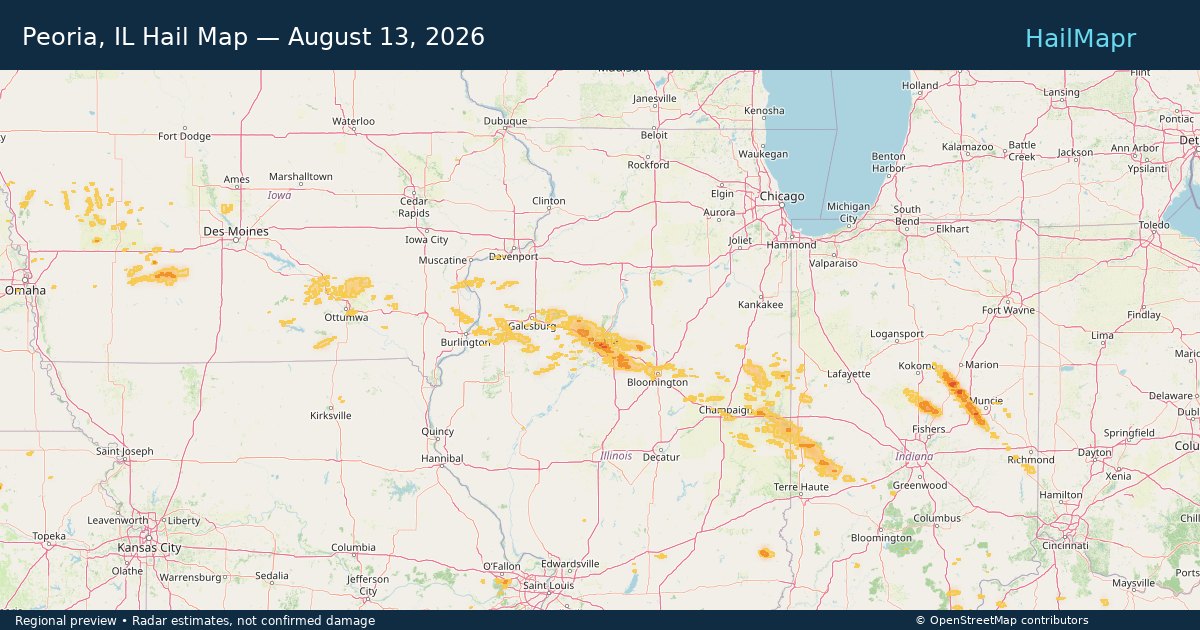 Peoria, IL Hail Map — August 13, 2026 — regional heatmap and storm polygons