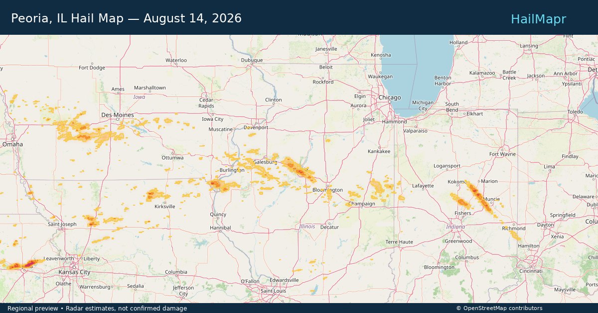 Peoria, IL Hail Map — August 14, 2026 — regional heatmap and storm polygons