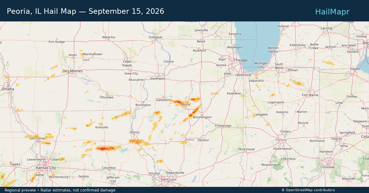 Peoria, IL Hail Map — September 15, 2026 — regional heatmap and storm polygons