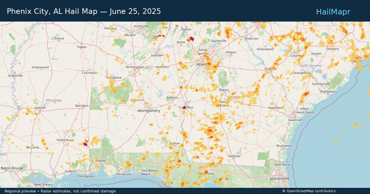 Phenix City, AL Hail Map — June 25, 2025 — regional heatmap and storm polygons