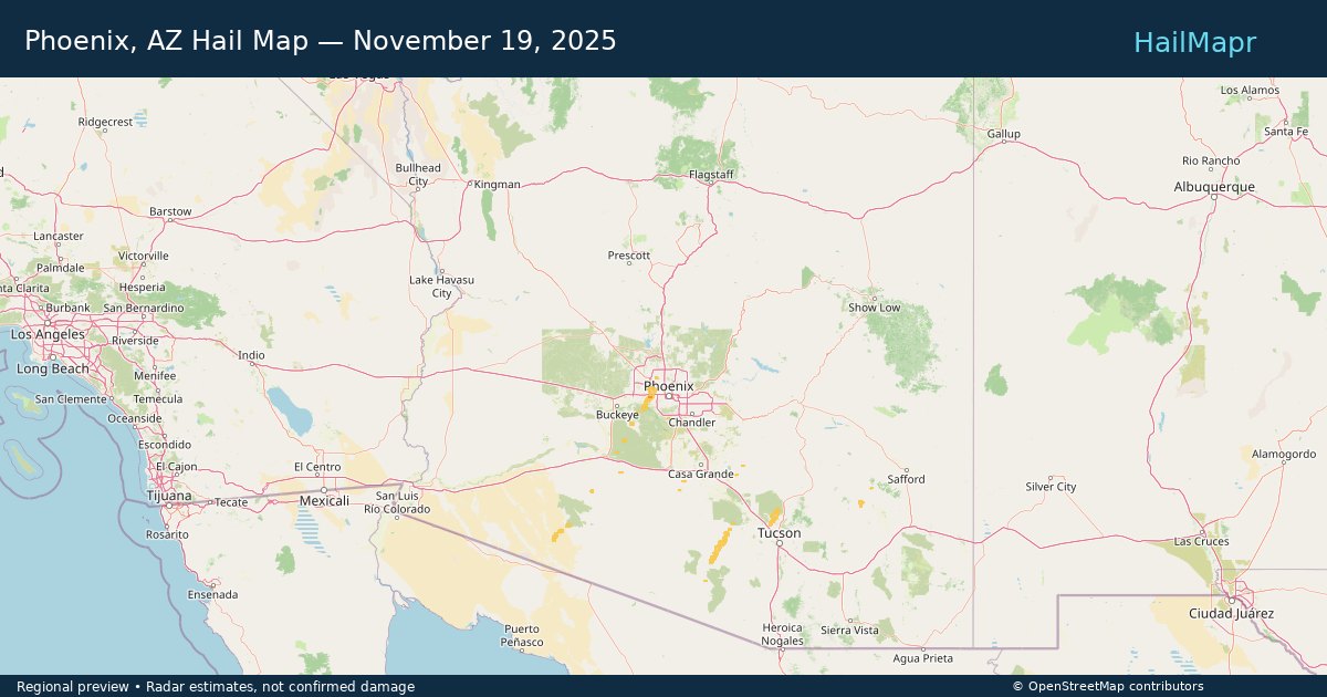 Phoenix, AZ Hail Map — November 19, 2025 — regional heatmap and storm polygons