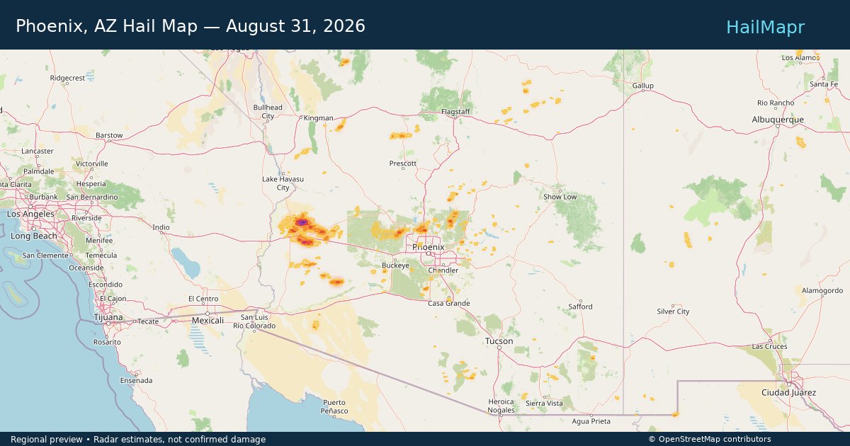 Phoenix, AZ Hail Map — August 31, 2026 — regional heatmap and storm polygons