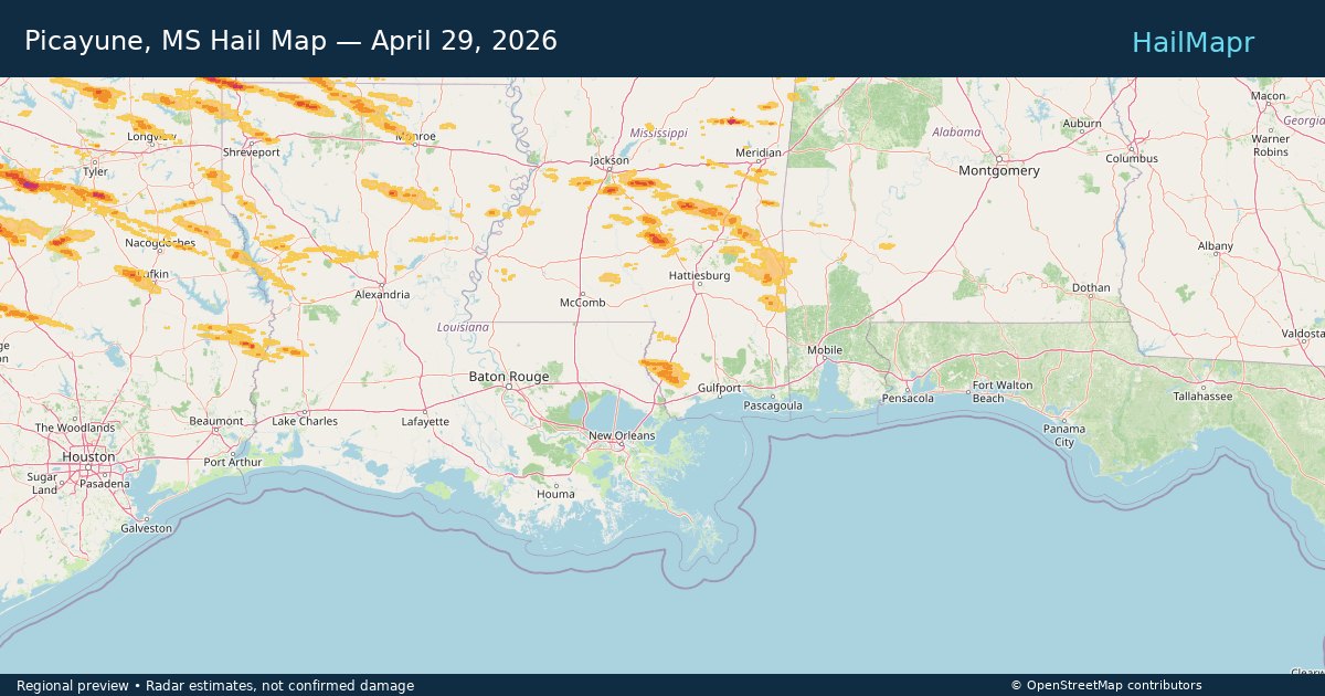 Picayune, MS Hail Map — April 29, 2026 — regional heatmap and storm polygons