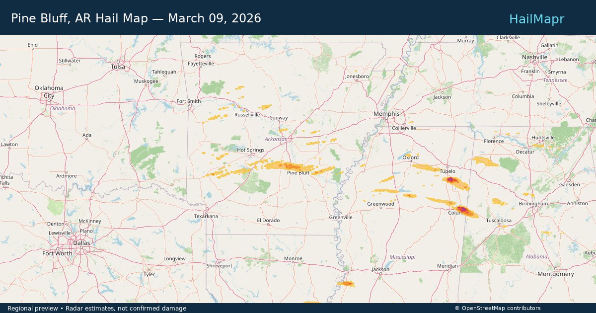 Pine Bluff, AR Hail Map — March 09, 2026 — regional heatmap and storm polygons