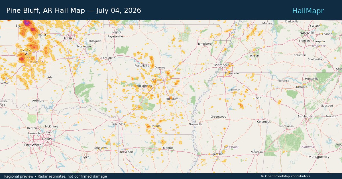 Pine Bluff, AR Hail Map — July 04, 2026 — regional heatmap and storm polygons