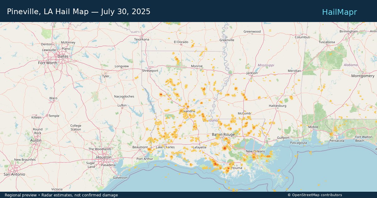 Pineville, LA Hail Map — July 30, 2025 — regional heatmap and storm polygons