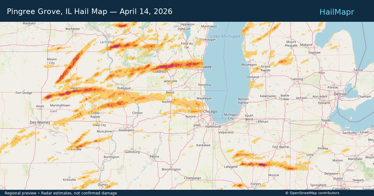 Pingree Grove, IL Hail Map — April 14, 2026 — regional heatmap and storm polygons