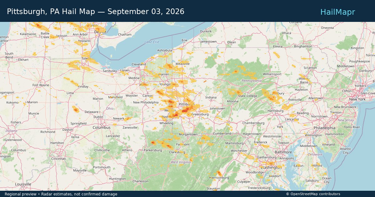 Pittsburgh, PA Hail Map — September 03, 2026 — regional heatmap and storm polygons