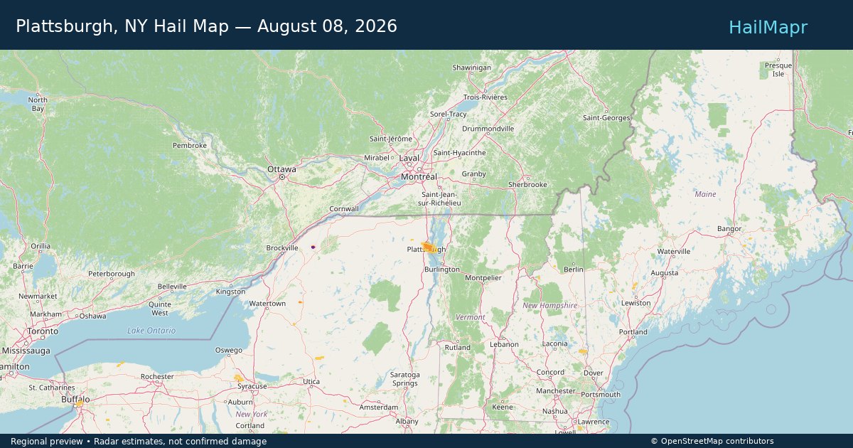 Plattsburgh, NY Hail Map — August 08, 2026 — regional heatmap and storm polygons