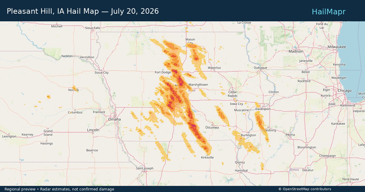 Pleasant Hill, IA — July 20, 2026 — regional hail footprint preview