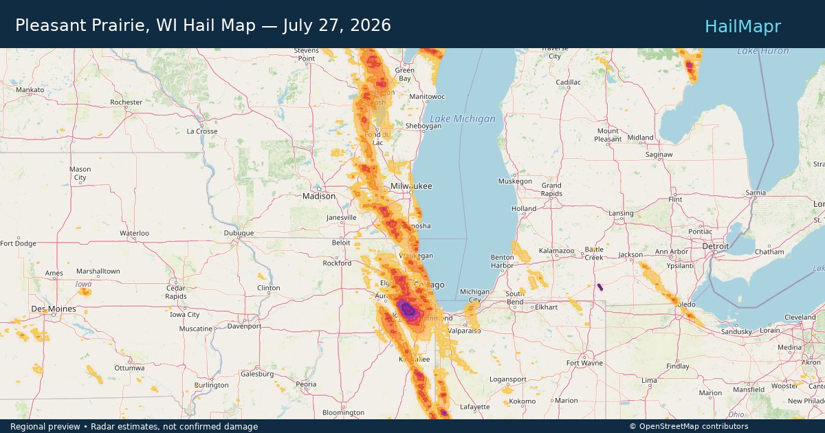 Pleasant Prairie, WI Hail Map — July 27, 2026 — regional heatmap and storm polygons