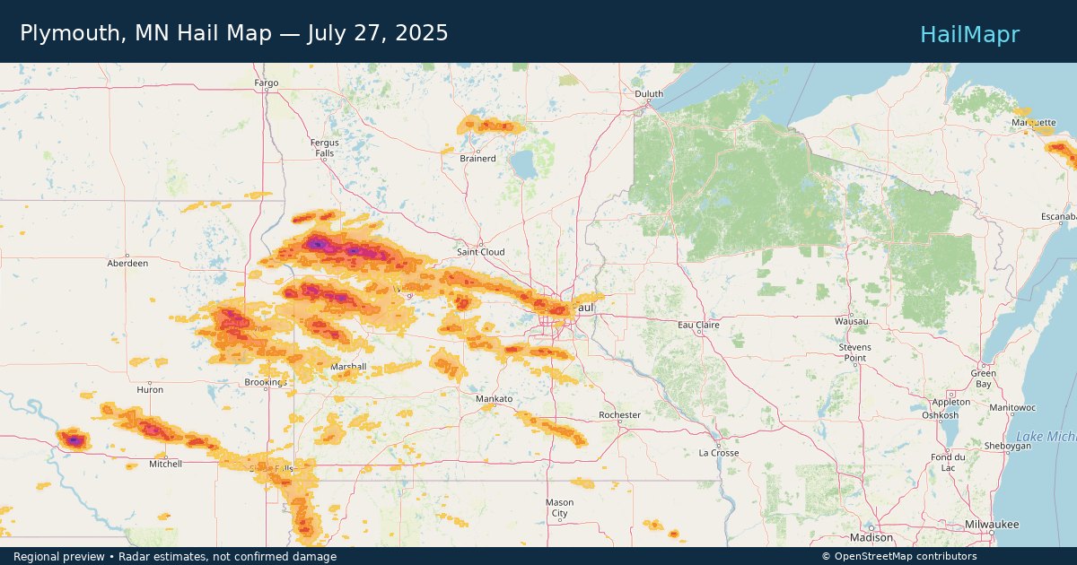 Plymouth, MN Hail Map — July 27, 2025 — regional heatmap and storm polygons
