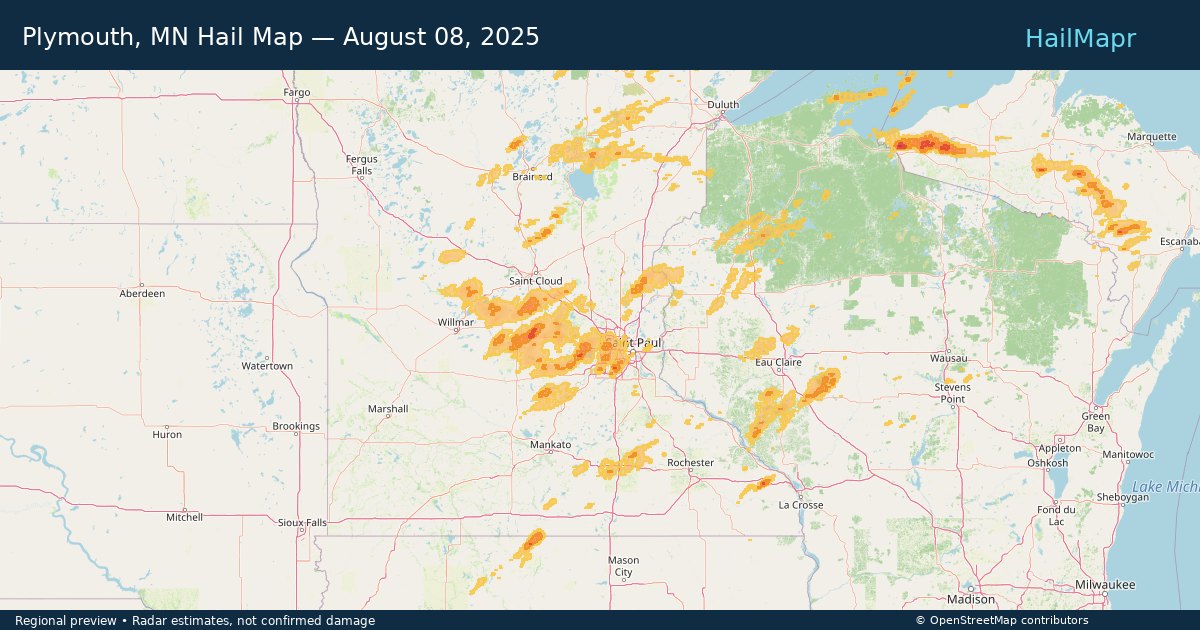 Plymouth, MN Hail Map — August 08, 2025 — regional heatmap and storm polygons