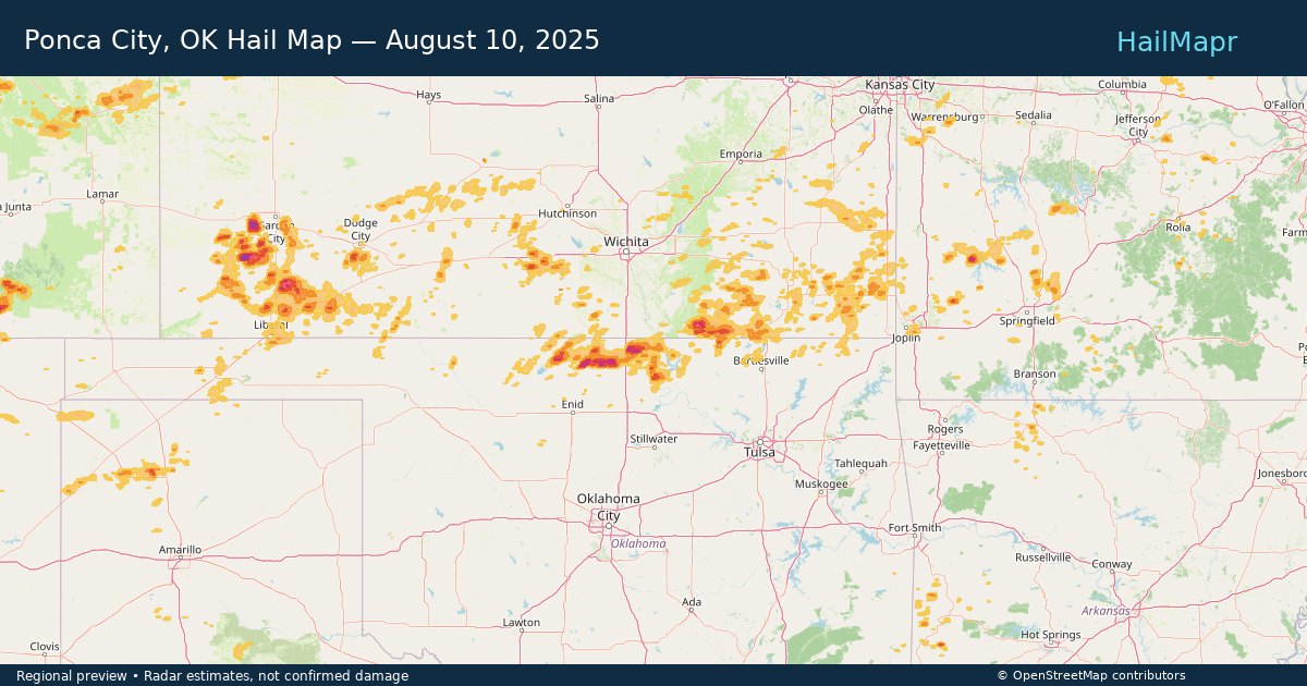Ponca City, OK — August 10, 2025 — regional hail footprint preview