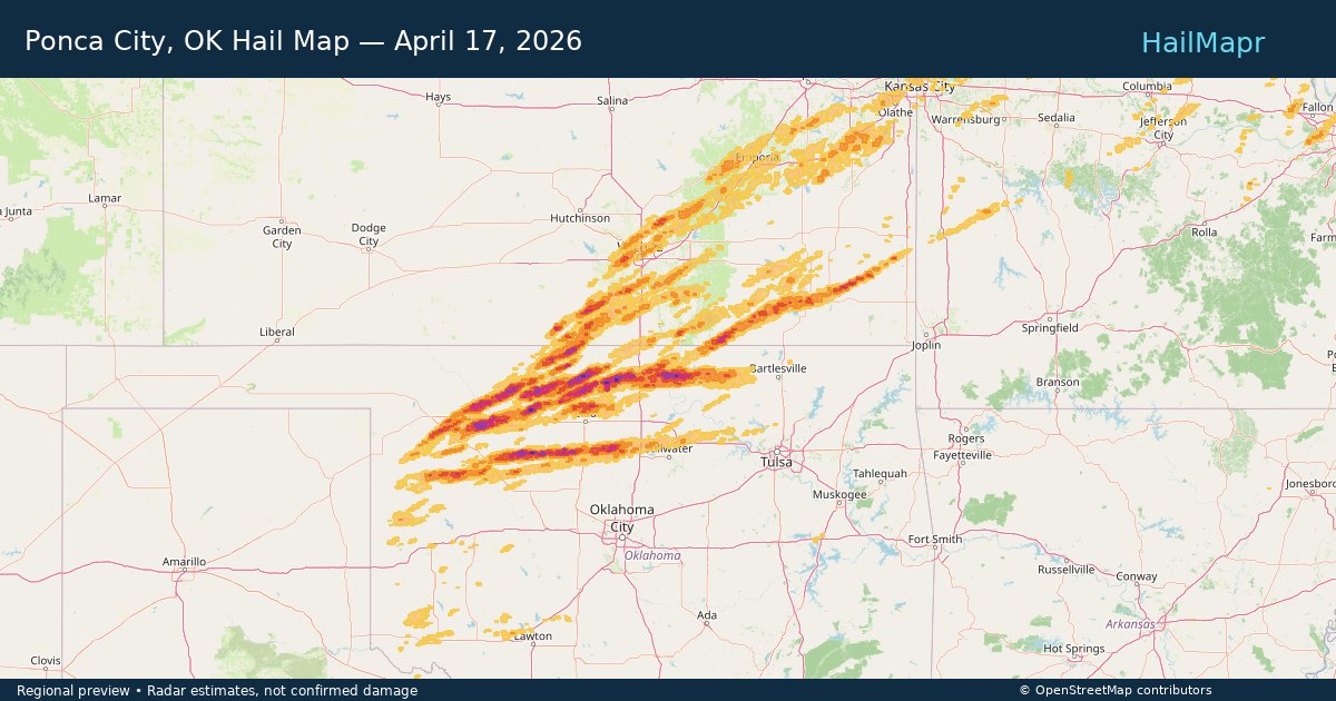 Ponca City, OK Hail Map — April 17, 2026 — regional heatmap and storm polygons