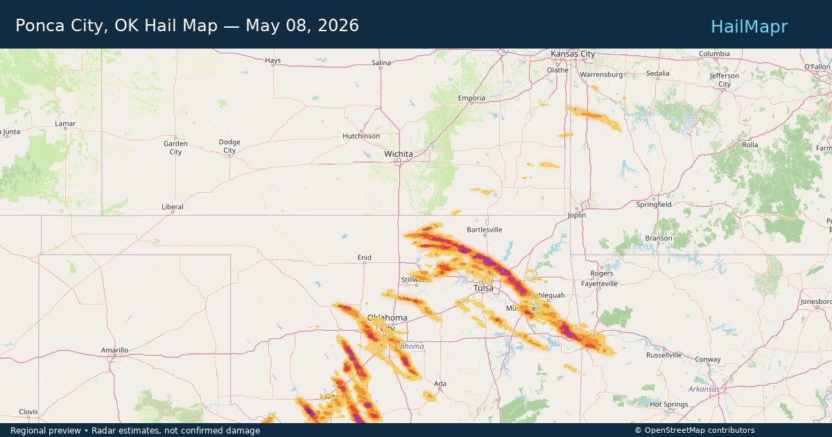 Ponca City, OK Hail Map — May 08, 2026 — regional heatmap and storm polygons