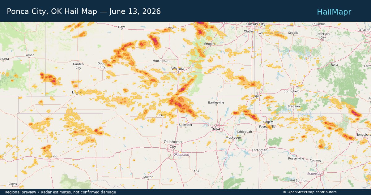 Ponca City, OK Hail Map — June 13, 2026 — regional heatmap and storm polygons