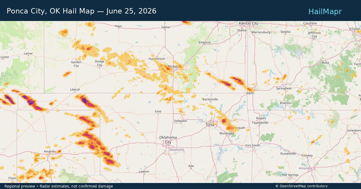 Ponca City, OK Hail Map — June 25, 2026 — regional heatmap and storm polygons