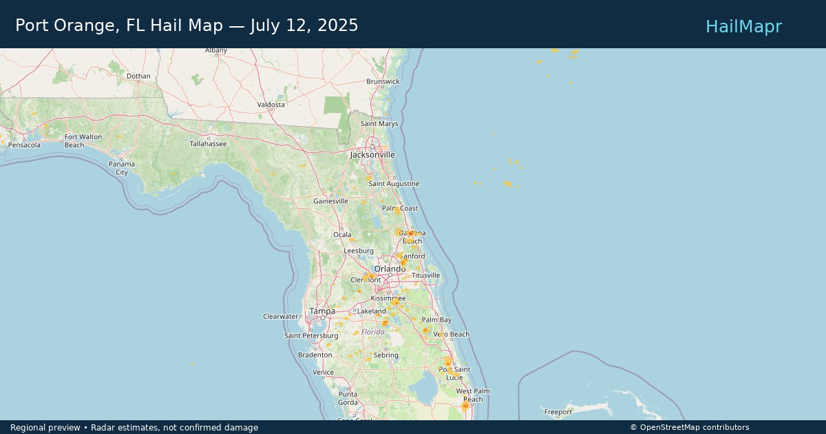 Port Orange, FL Hail Map — July 12, 2025 — regional heatmap and storm polygons
