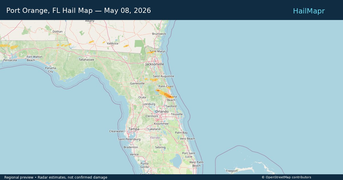 Port Orange, FL Hail Map — May 08, 2026 — regional heatmap and storm polygons